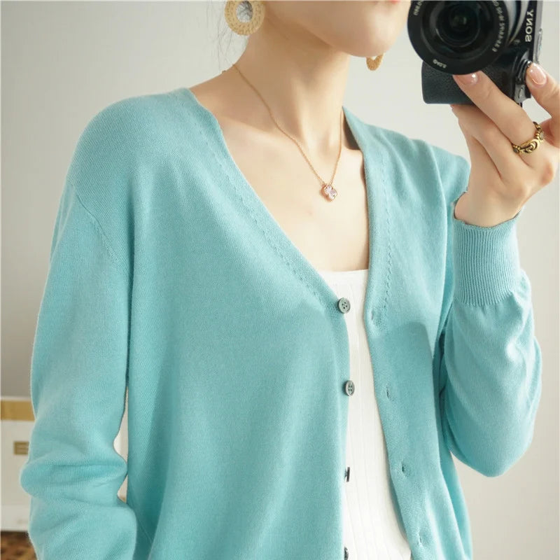 100% Cotton Line Long Sleeve V-Neck Knitted Cardigan Women Loose Short Solid Color Simple Sun Protection SMY K61 bo he lv