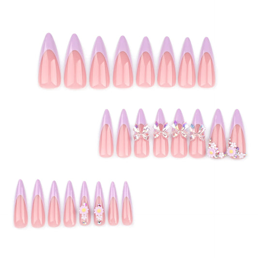 24Pc Long Stiletto Press on Nails Cherry Pink French False Nails with 3D Bow Pearls Design Detachable Acrylic Fake Nail Art Tips