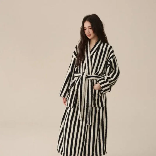 Thickened Flannel Robe Pants Pajamas Set Autumn Winter New Couple Coral Velvet Women Men Bathrobe Striped Lengthed Home Clothes