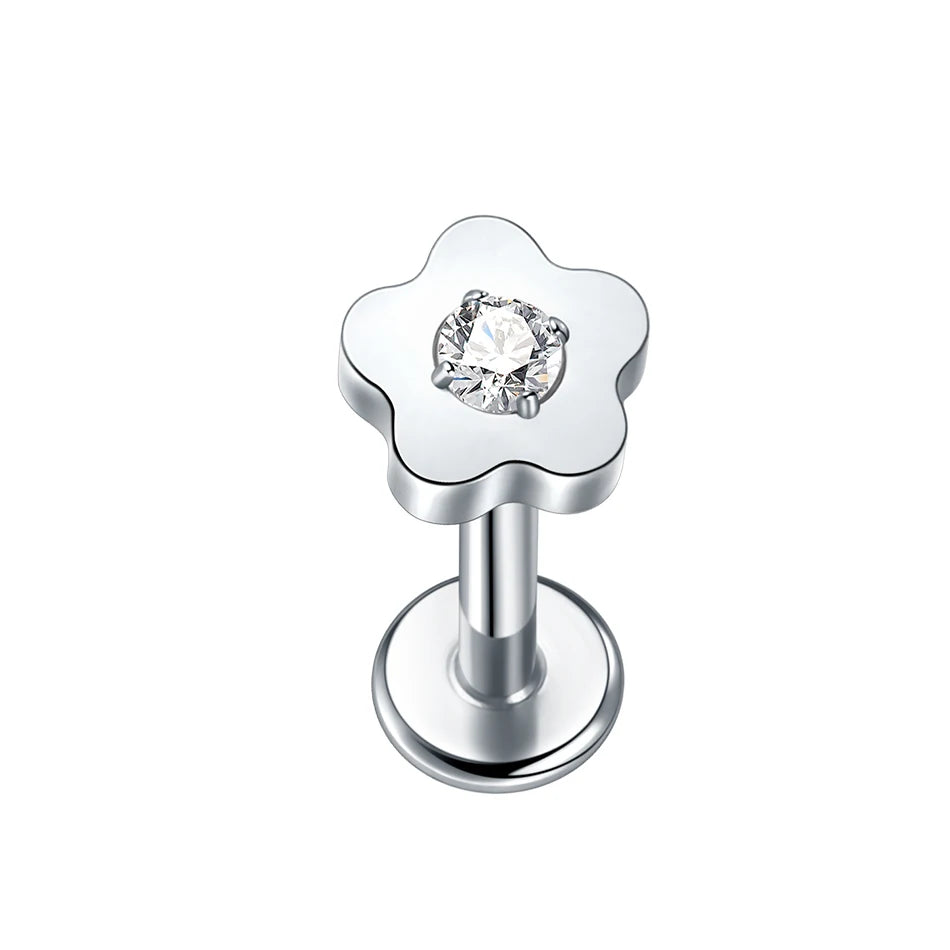 1PC Titanium Zircon Star Flower Labret Piercing for Women Cartilage Tragus Daith Helix Stud Earring Body Jewelry TC090-1 1.2x8mm