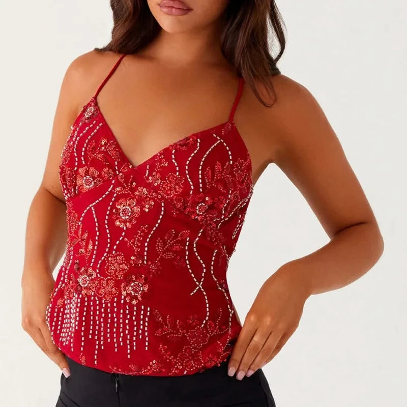 Y2k Sequin Beaded Halter Tops Boho Beach Backless Camis E-girl Sexy Club Party Sleeveless Shirt Vest Vintage Crop Tops Women Type 12