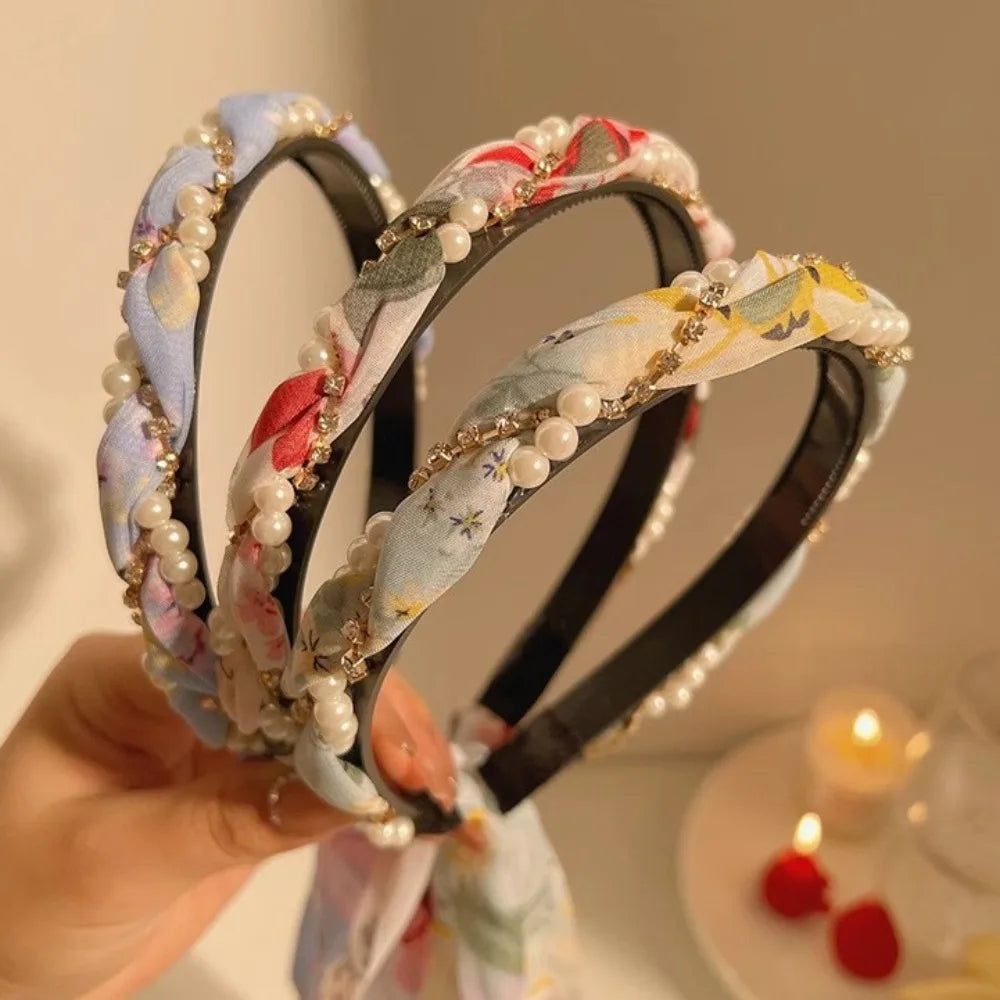 Retro Silk Scarf Headband Floral Print Pearl Braided Hairband Adjustable Bow Non Slip Ribbon Hairband for Women Girls Kid