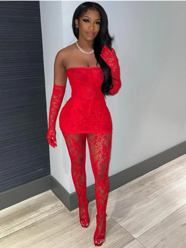 Joskaa Holiday Set Outfit For Women Black Red Lace Baddie 2 Piece Sets Outfits 2024 New Beach Sexy Leggings Club Party Outfit Red with Gloves