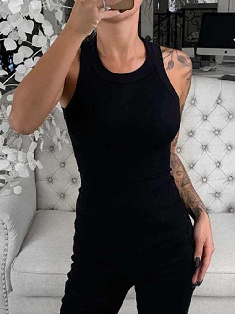 Women Solid Round Neck Ribbed Tank Top Camisole Women Summer Basic Elastic Tank Top O Neck Solid Tank Top black