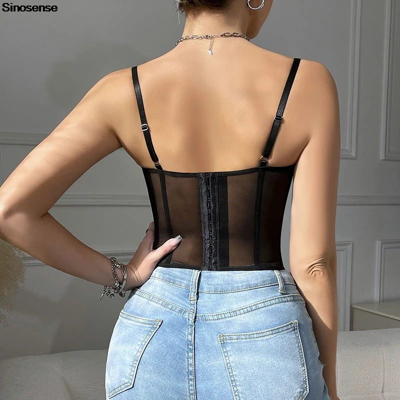 Women Lace Bustier Top Sexy Sheer Mesh See Through Spaghetti Strap Slim Camisole Y2K Going Out Night Club Party Corset Top