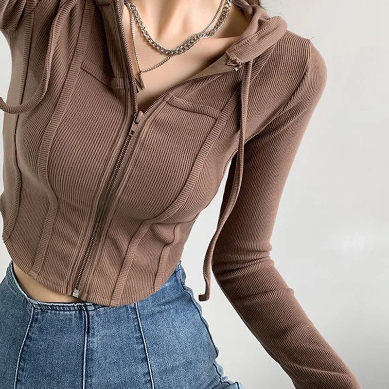 Thin Hooded Cardigan Women Korean Vintage Slim Summer Solid Sports Jacket Vertical Pit Stripe Zipper Female Sexy Cropped Tops Coffee