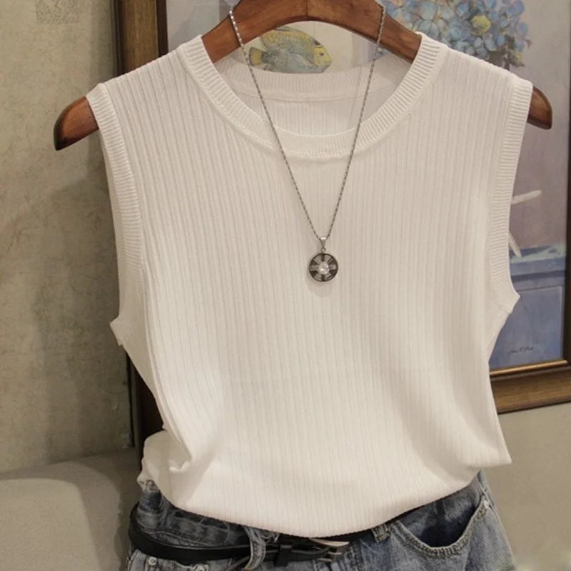 1pcs Summer New Fashion Knitted Vests O-neck Sleeveless Casual Thin Tops One Size Beige