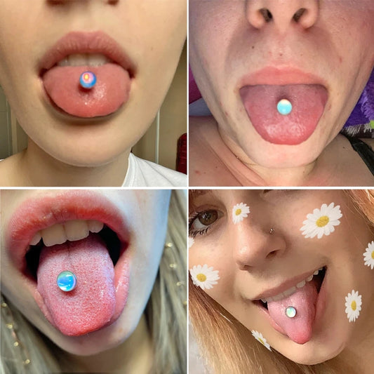 ZS 1Piece 14G Oil Luminescence Tongue Piercing Rings Stainless Steel Tongue Stud Skull Star Studs Earrings BCR Piercings Jewelry Badiee Stylez