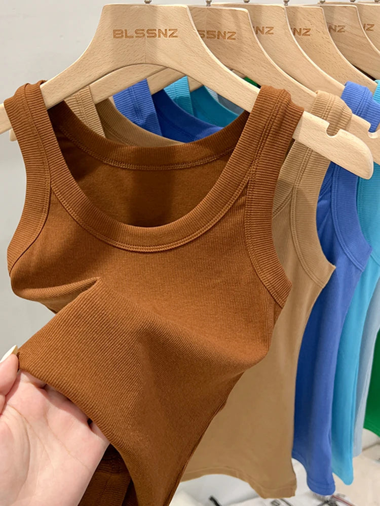 zjaiss Women Solid Round Neck Ribbed Tank Top Camisole Women 2025 Summer Basic Elastic Tank Top O Neck Solid Tank Top Brown