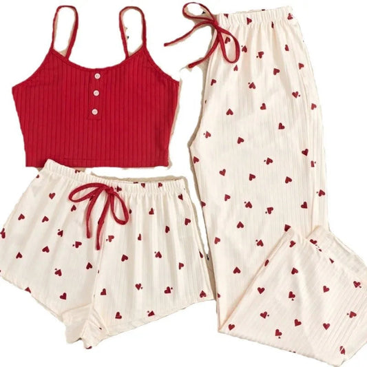 3pcs Women's Pajamas Heart-shaped Printed Vest Shorts And Pants Paired With Ribbed Fabric For Home Casual Women's Sleepwear Set Badiee Stylez