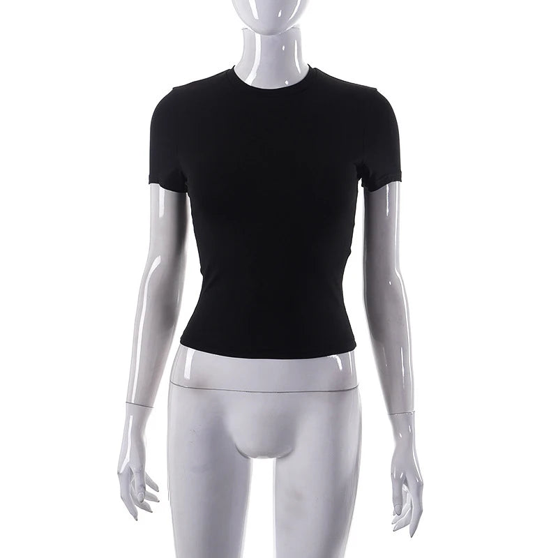 2023 Spring New Short Sleeve T-Shirt Women Solid Simple Casual Soft All-Match Hot Basic Crop Tops Tees Summer Fashion black