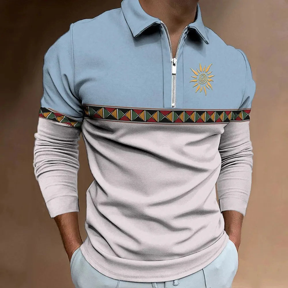 Retro Color Block Men's Polo - Stylish Long Sleeve Golf Shirt with Zipper