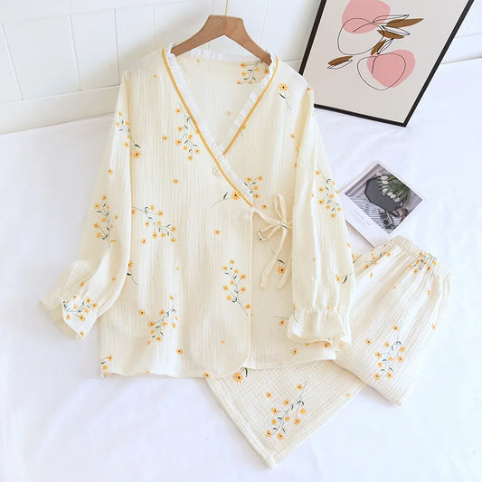 Fdfklak 2025 Spring Crepe Kimono Long Sleeve Home Clothes Female Sleepwear Gauze Cotton V-Neck Home Suit Women's Pajama