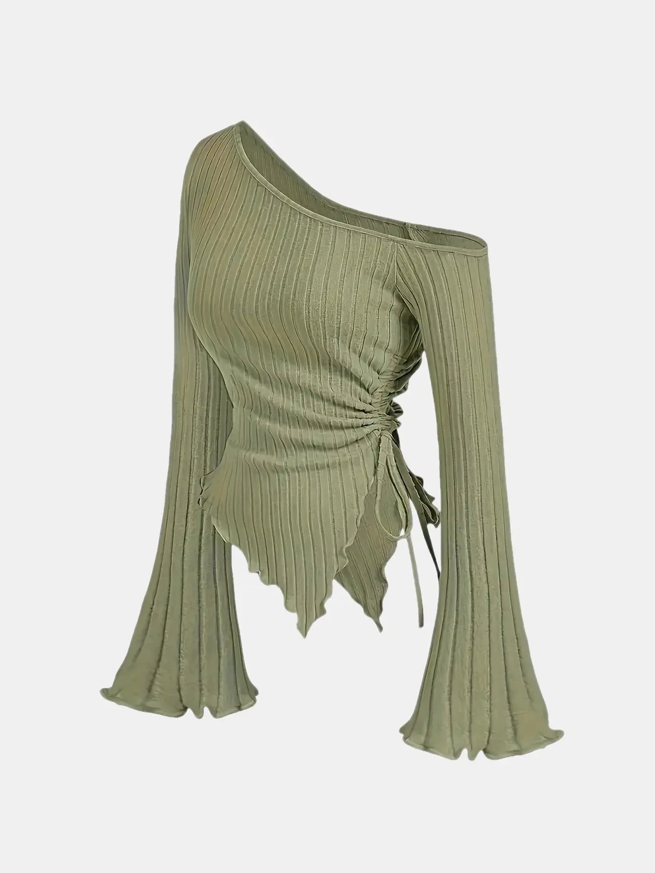 women's New off shoulder cross long sleeved slim fit casual street style asymmetrical elegant T-shirt trumpet sleeve top green