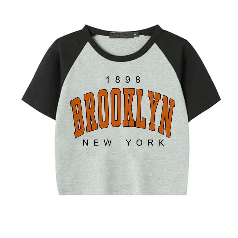 Women Brooklyn 1898 Letter Print Crop Tops Y2k T Shirt Harajuku Cropped Tshirt Funny Graphic T-shirt Korean Style Clothes Female 401