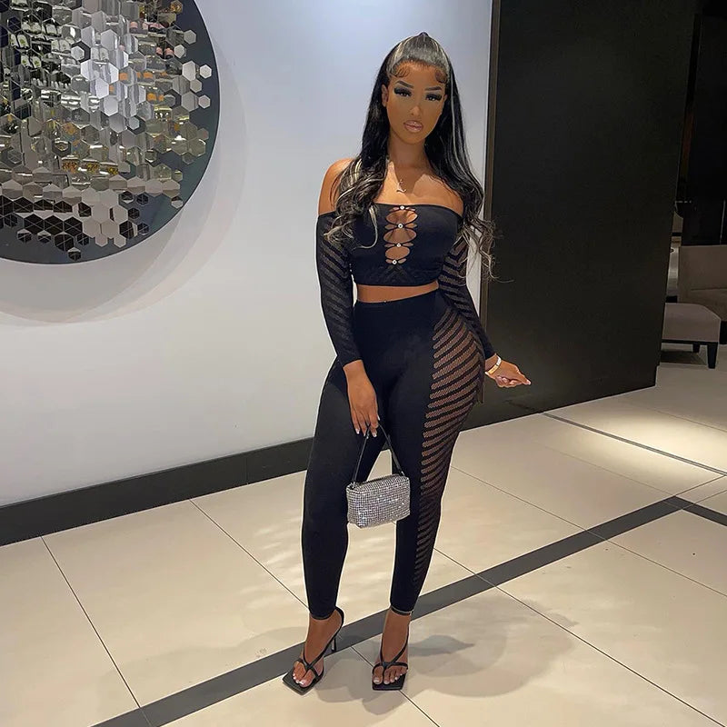 Simenual Baddie Fashion Mesh Tansparent Two Piece Sets Hotsweet Sexy Hollow Out Crop Tops Skinny Pants High Elastic Co Ord Suits