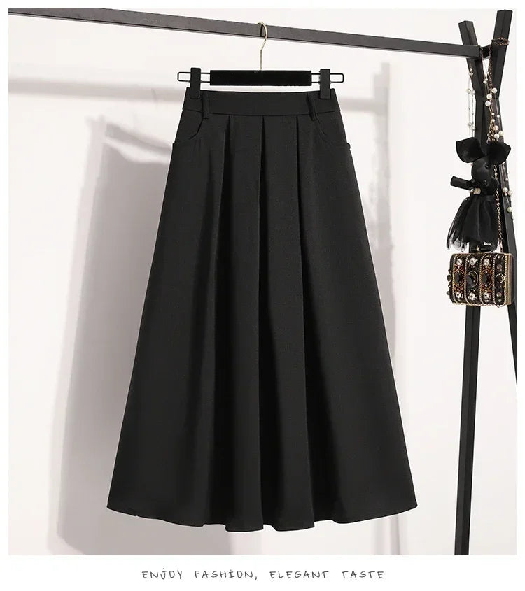 2025 Solid Color Versatile Medium Length Skirt Pleated Plus Size A-Line Maxi Gown Cover Hip Spring Summer New Half-length Skirt
