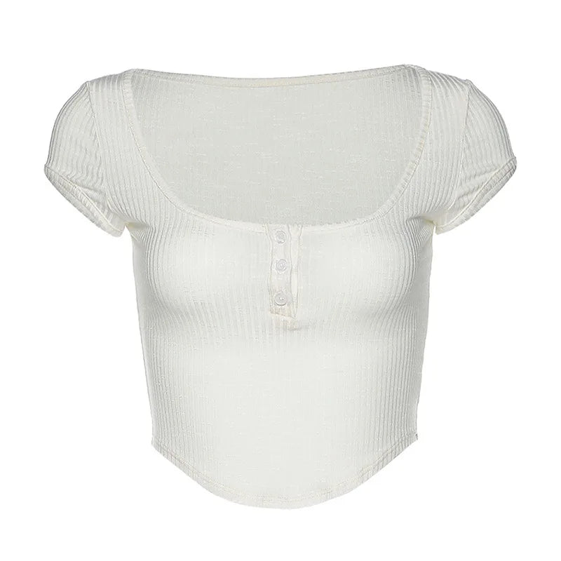 Women Summer Fashion Streetwear Sexy White Transparent Crop Tops Buttons V Neck Short Sleeve Pullover Slim T Shirts Club Party