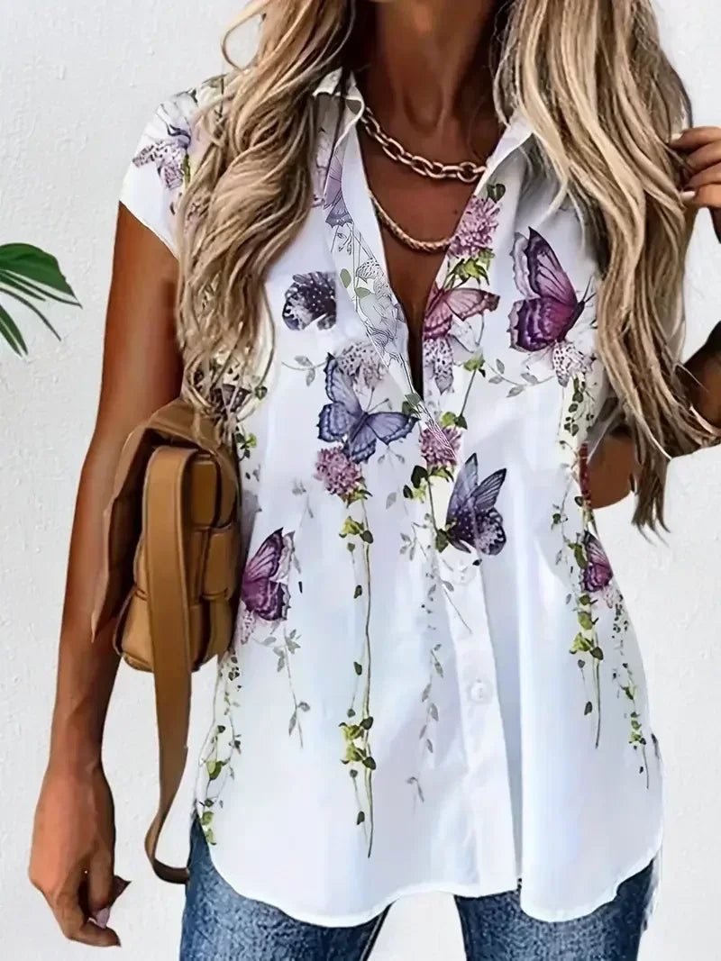 Plus Size 1XL-5XL Women Fashion Butterfly Print Blouse Shirt Ladies Spring and Autumn Casual Short Sleeve Buttons Blouse White