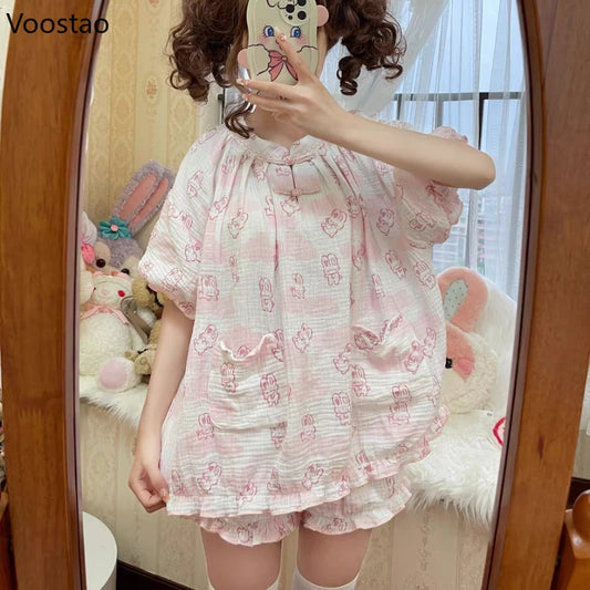 Kawaii Lolita Style Bunny Print Pajamas Set Girly Cute Short Sleeve Tops Shorts Suit Women Casual Princess Homewear Pijama Mujer