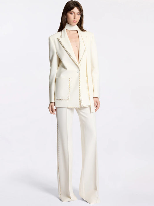 HIGH STREET Newest Fashion 2024 Designer Suit Set Women's Beading Belted Single Button Blazer Pants Set 2pcs Badiee Stylez