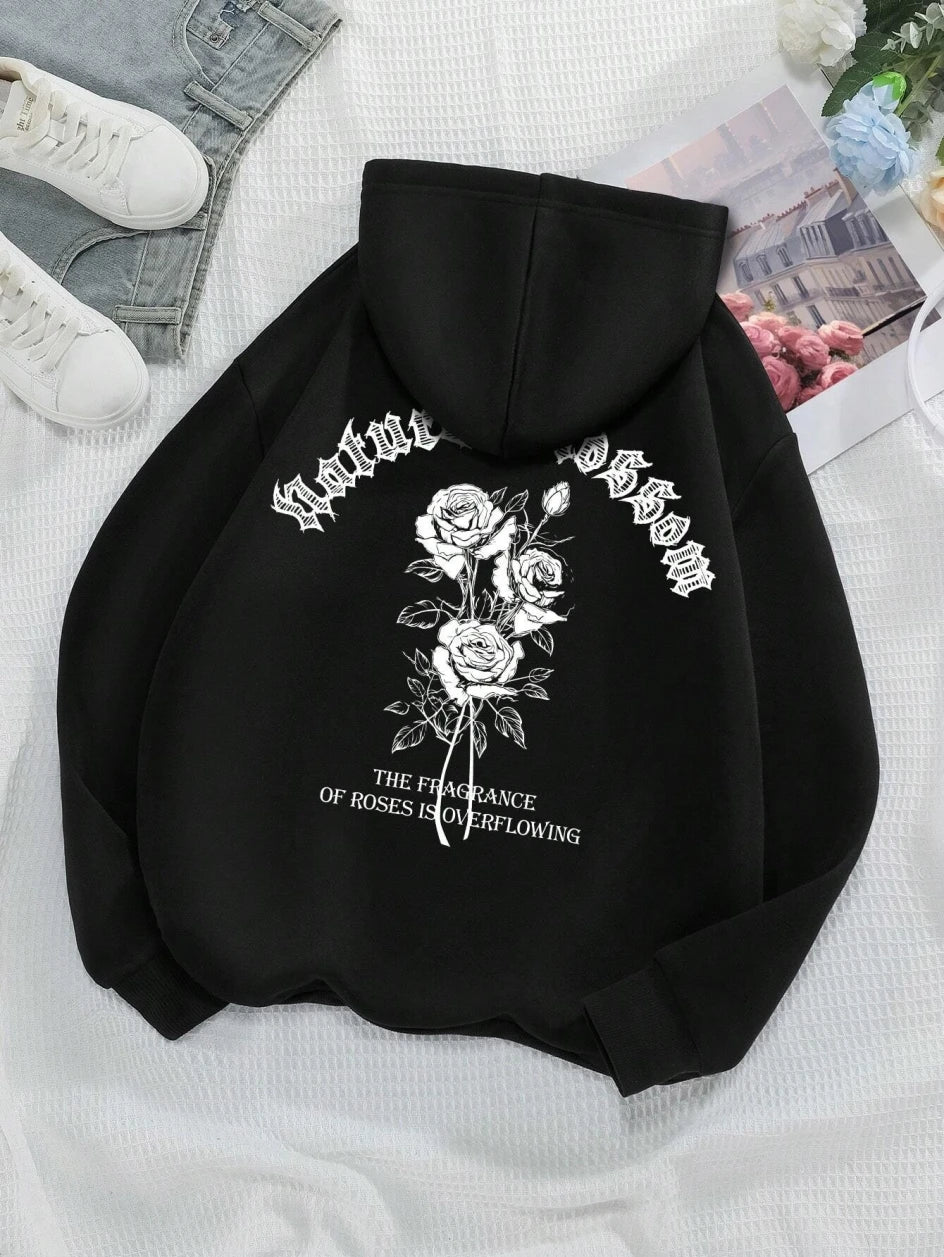 Fashion Women Hoodies Vintage Letters & Flowers Printed Sweatshirts Spring Crewneck Pullover Loose Fleece Female Tops Clothes Black