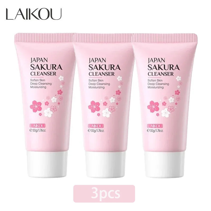 LAIKOU Sakura Cleanser Gentle Deep Cleaning Oil Control Moisturizing Shrink Pores Face Skin Care 50g Skin Cleanser All Skin Type 3pcs
