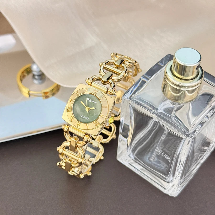 High-End Women's Skeleton Design Watch Square Roman Hour Markers Light Luxury Fashion Cross-Border Best-Seller Ladies Watch green