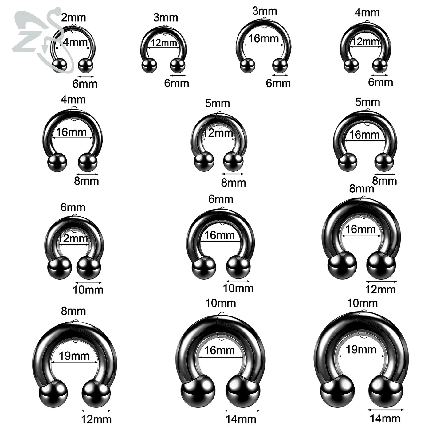 ZS 1 Piece 2/4/6/8G Black Color Stainelss Steel Horseshoe Nose Ring Men Punk Large Gauge Piercings Ear Expander Septum Piercing