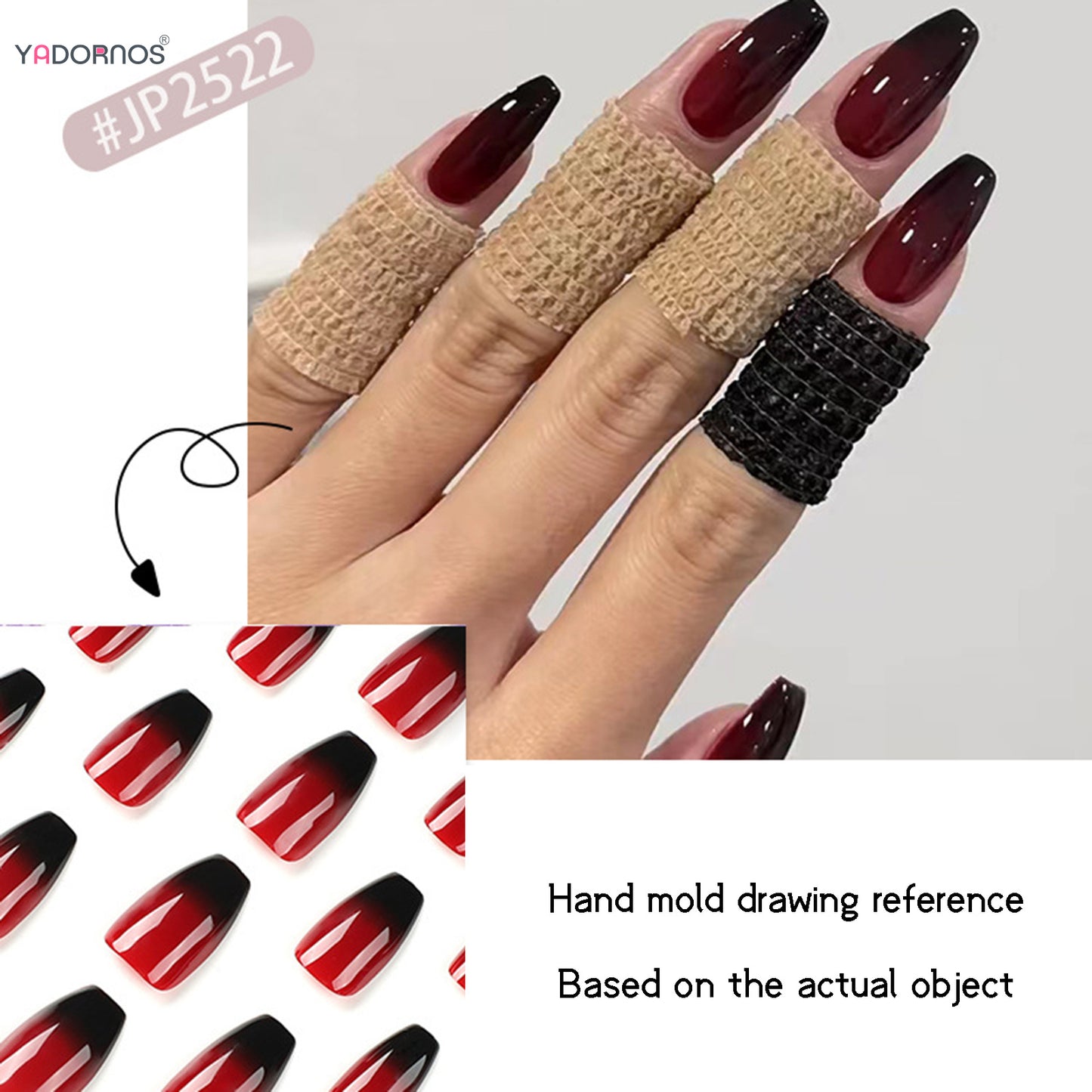 Red Black Gradient Press on Nails Medium Length Coffin Fake Nails with Sticky Tabs Ballerina False Nails Tips for Women 24Pcs