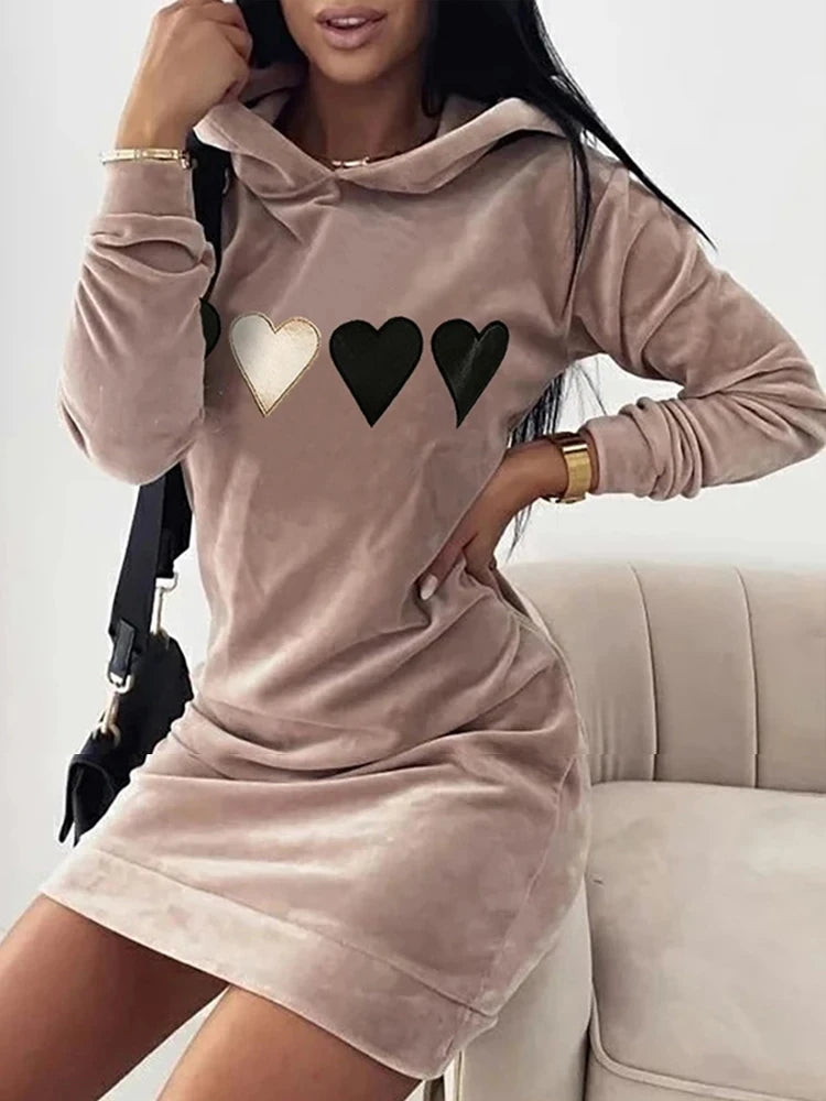 Women Long Sweater Dresses LOVE Print Hooded Loose High Collar Sweatshirts Long Sleeve Pullover Fall Winter Y2K Street Style Top Badiee Stylez