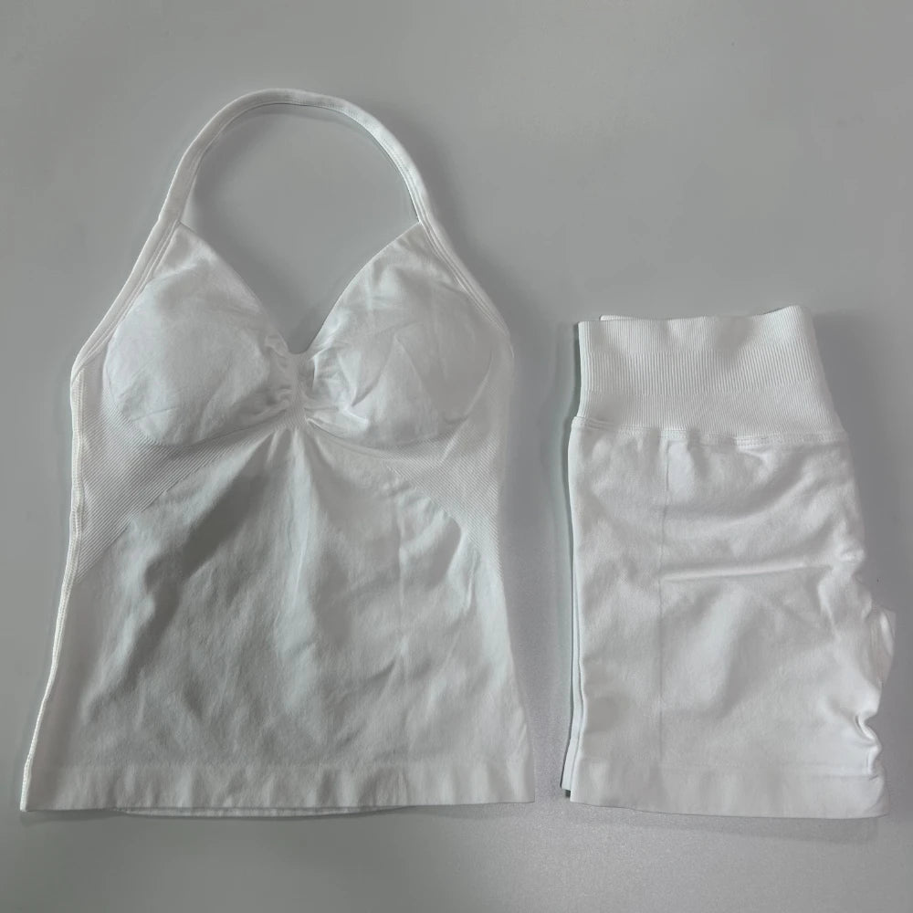 No Logo 2Pcs Gym Set Women Backless Tank Tops High Waist Scrunch Seamless Shorts Gym Suit Fitness Clothes Activewear Workout Set Badiee Stylez