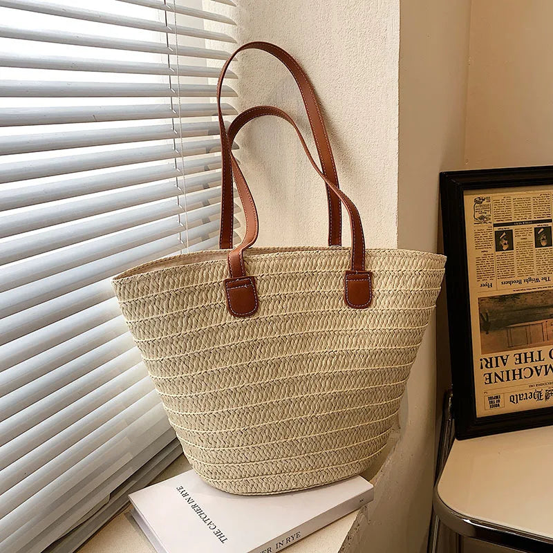Women's Large Capacity Shoulder Bag Summer Straw Woven Basket Handbag Fashion Female Luxury Designer Beach Bag Bali Shopper Tote beige