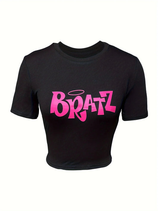 Women's cut T-shirt Y2k pink Bratz letter printed T-shirt O-neck tight short sleeved clothing fashionable women's top