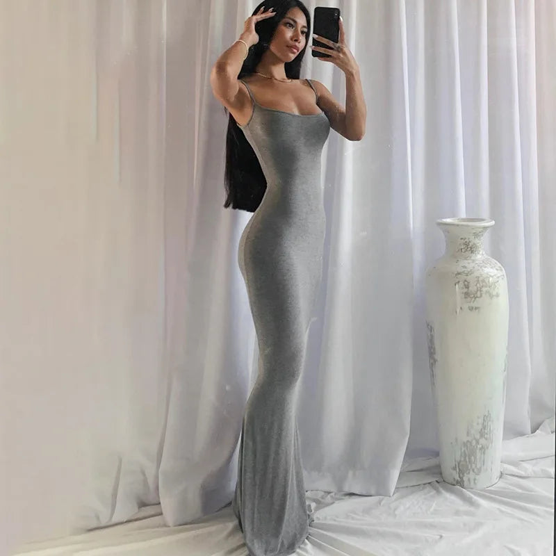 Europe and the United States cross-border foreign trade women 2024 solid color sexy slim high step slip dress gray