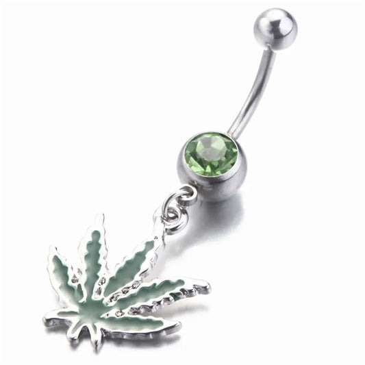 1/2pcs 316L Stainless Steel Leaf Belly Button Ring for Women, Green Maple Leaf Dangle Belly Barbell Navel Body Piercing Jewelry