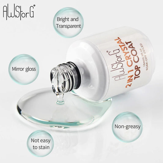 AWStorG15ml 2 IN 1 Crystal Top Coat Transparent Soak Off UV LED Nails Art Manicure Gel Nail Polish Varnishes Primer Function Gel