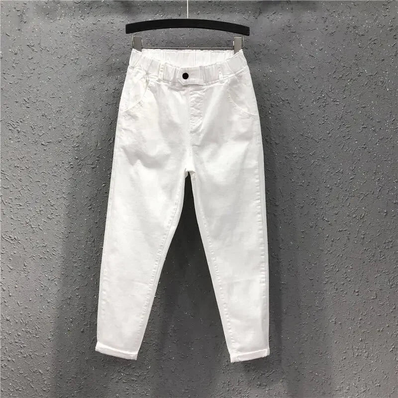 New Spring Summer Women Casual Harem Pants All-matched Casual Cotton Denim Pants Elastic Waist Solid Yellow White Jeans Female White