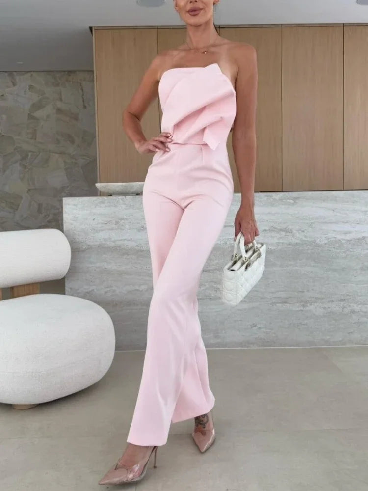Women's Jumpsuits 2025 New in Summer Fashion Casual Office Lady Solid Color Tight Low Back High-waisted Wide-leg Jumpsuit Badiee Stylez