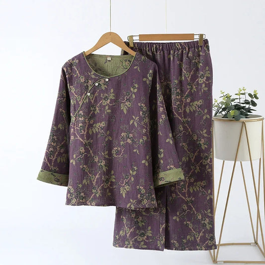 Chinese Style Women's Pajamas, Pure Cotton, Retro Color, Woven Jacquard, Home Clothing, Long Sleeves Trousers, Diagonal Collar