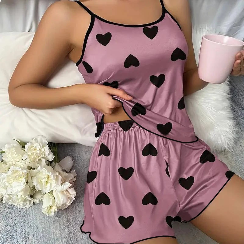 Women's Pajama Set Pajamas T-Shirts Shorts Pink Heart-Shaped Print Round Neck T-Shirt Ice Silk Top Comfortable Casual Summer Purple