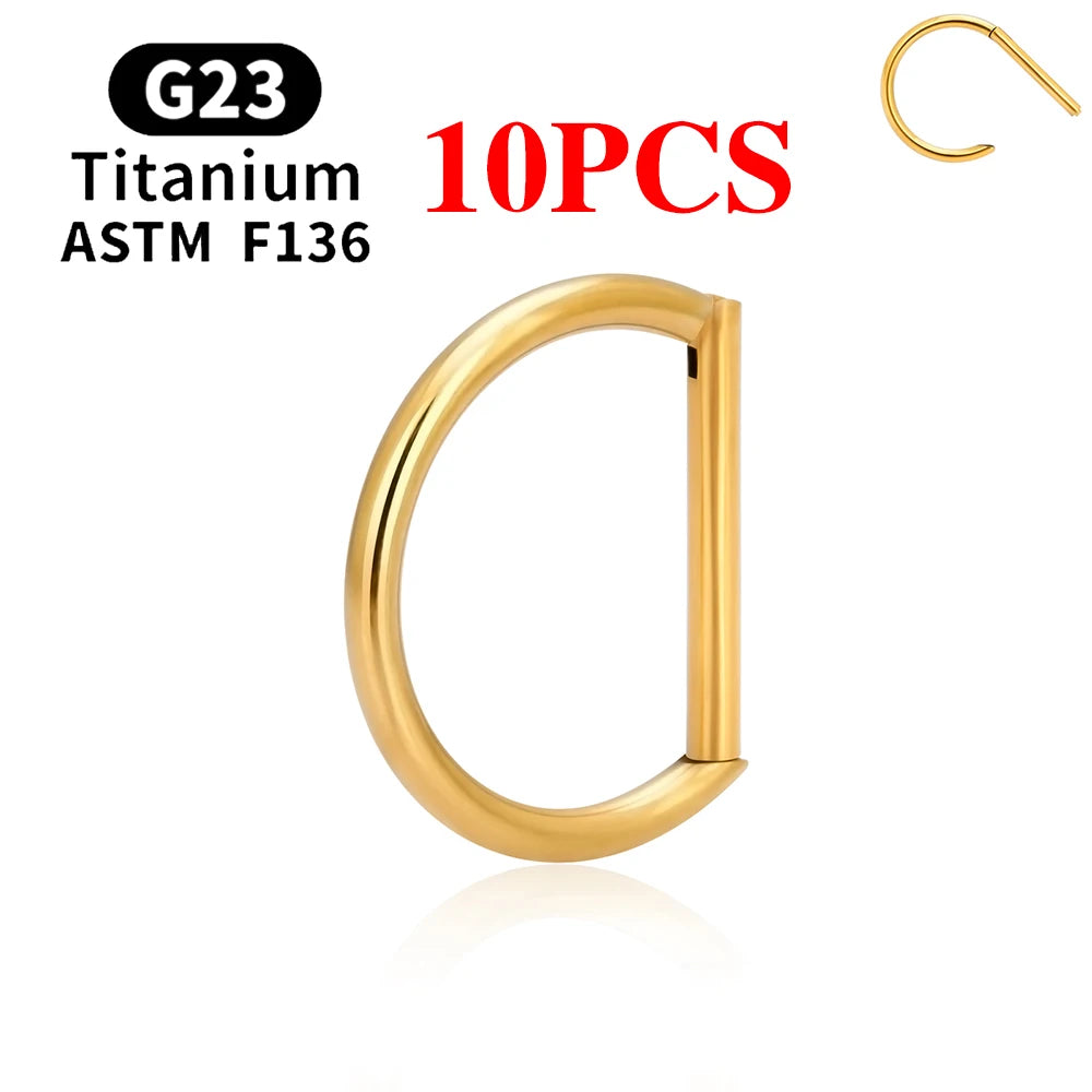 1/10PCS F136 G23 Titanium Piercing Nose Ring D Shape Hinged Segment CZ 16G Clicke Cartilage Tragus Helix Earrings Body Jewelry 10PCS Gold Color CHINA