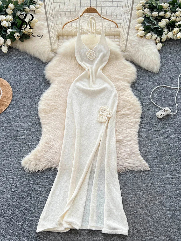 SINGREINY Halter 3D Floral Maxi Sundress Women Sleeveless Bodycon Elastic Beach Dress Vacation Knitted Split Sexy Long Dress apricpt One Size