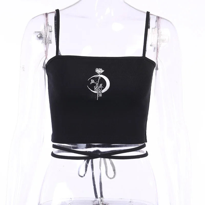 Gothic Women's Print Suspender Sleeveless Square Neck Slim Crop Top Sexy Halter Bottoming Shirt Girls Party Wear