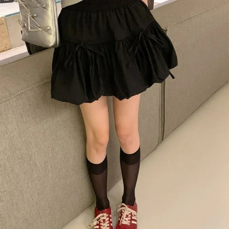 Sweet Bowknot A Line Skirts for Women 2025 Korean Style Pleated Cake Short Skirts Woman Summer Solid Color High Waist Mini Skirt black