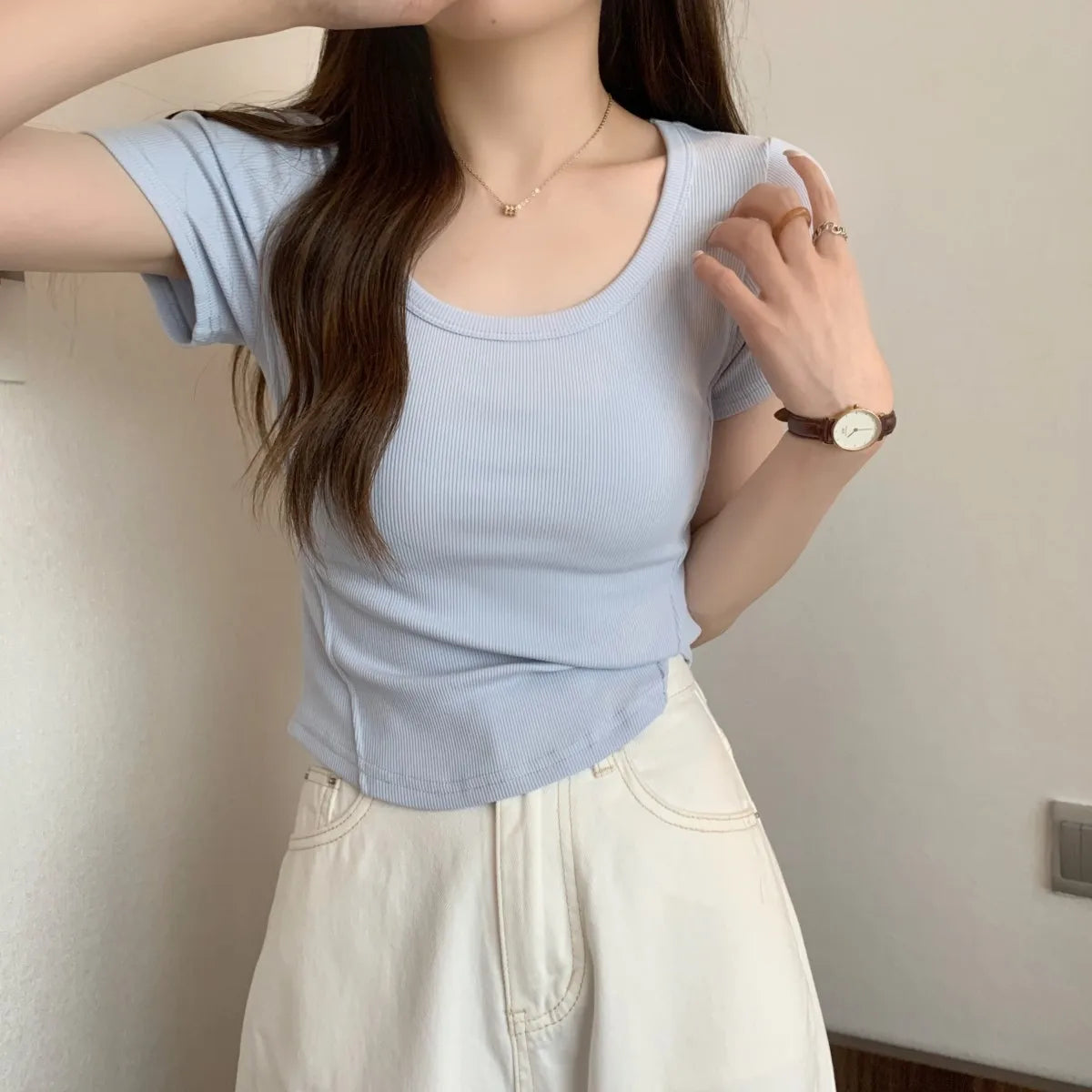 Y2K T-shirt Women V-neck Irregular Short Sleeve Crop Top New Korean Fashion Slim High Waist Solid Tee Shirt Woman Sexy Clothes
