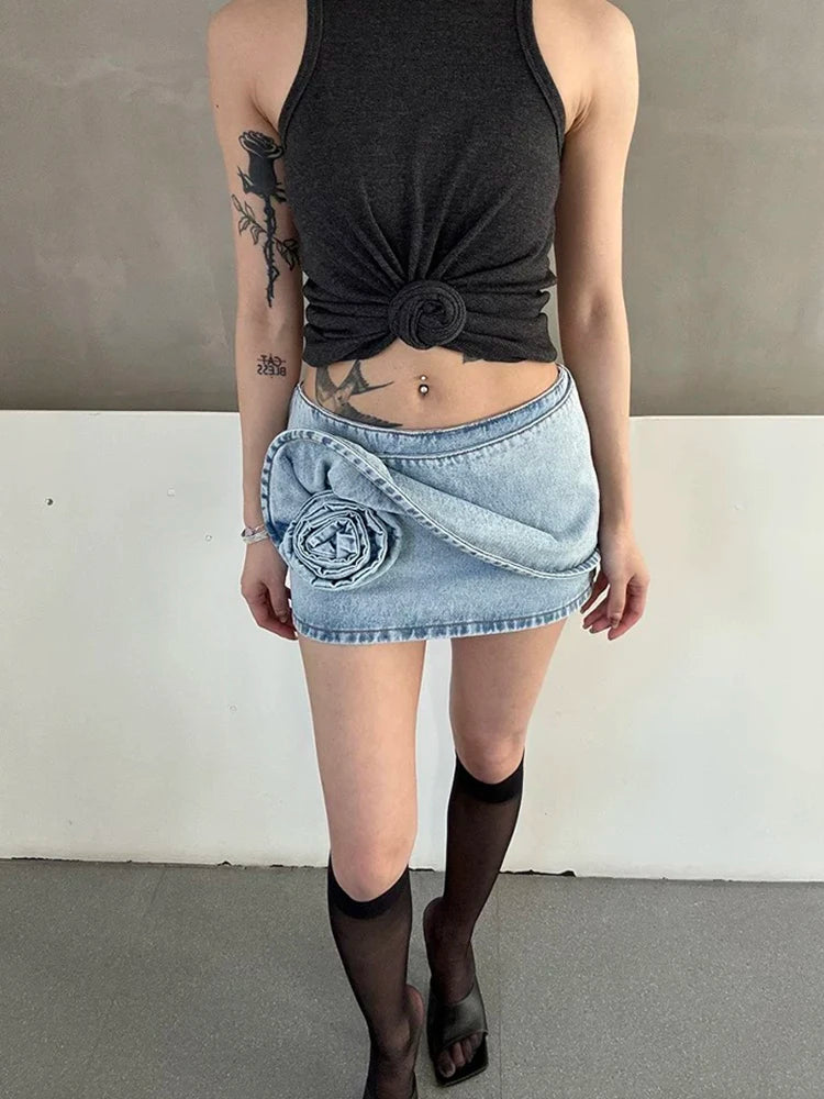 Rose Decoration Low Waist Women's Denim Skirt Y2K Temperament High Street Mini Half-body Skirt 2025 Summer New