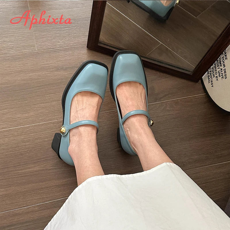 Aphixta Low Heels Mary Janes Square Heels Patent Leather Pumps Shoes Woman Classics Dress Official Pumps Party Plus Size 43 Blue