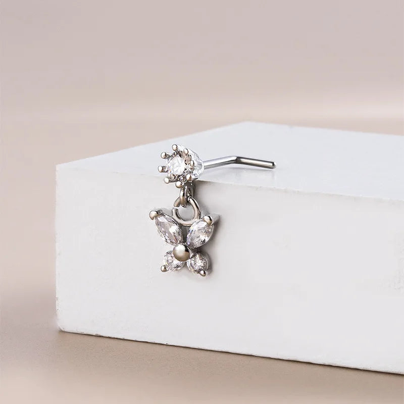 1Pcs Stainless Steel Piercing Nose Studs Crystal Zircon Butterfly Pendant Nose Ring Nail Goth PIERC Body Jewelry For Women 20G