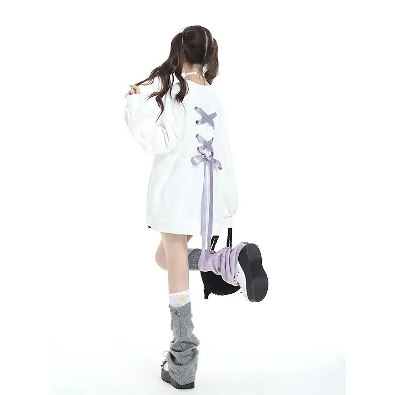 Sweet Sweatshirt Women Clothing Bow Bangage O-neck Long Sleeve Casual Y2k Tops 2025 Ropa Mujer Fashion Japanese Y2k Hoodies white